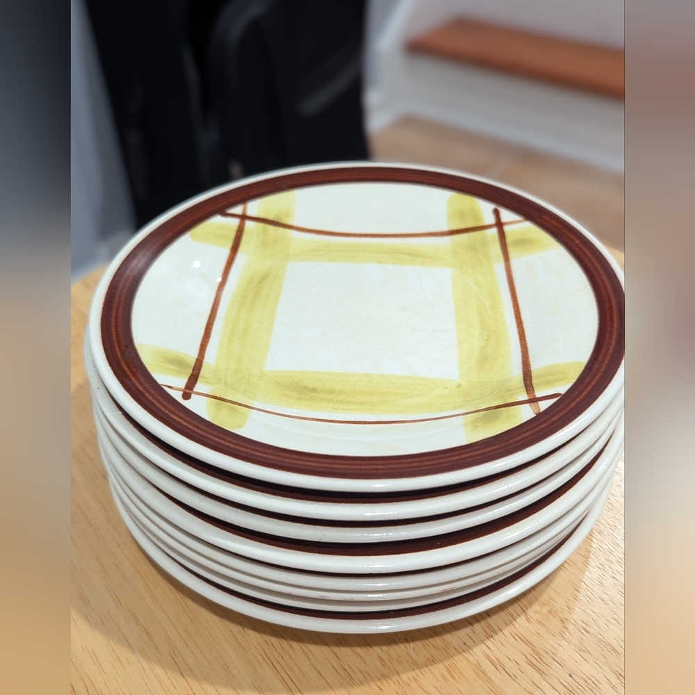 Vintage Signed Edwin Knowles 8 Plaid Bread And Butter Plates. 5.75"